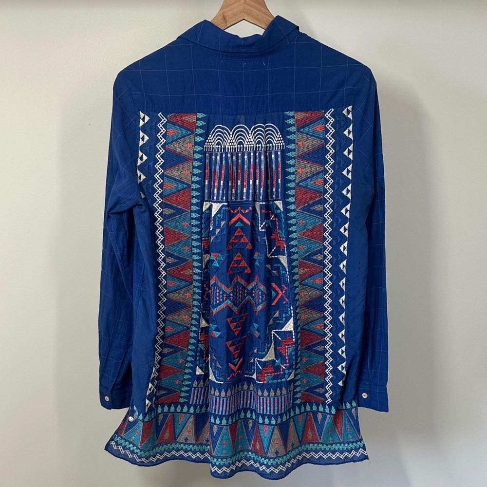 Johnny Was Embroidered 3J Workshop Blue Grid Button-Down Shirt